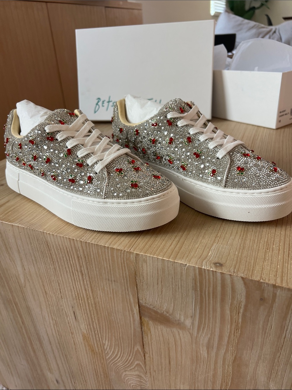 Betsey Johnson Sidny Glitter Rhinestone Sneakers with Red Cherry Embellishments